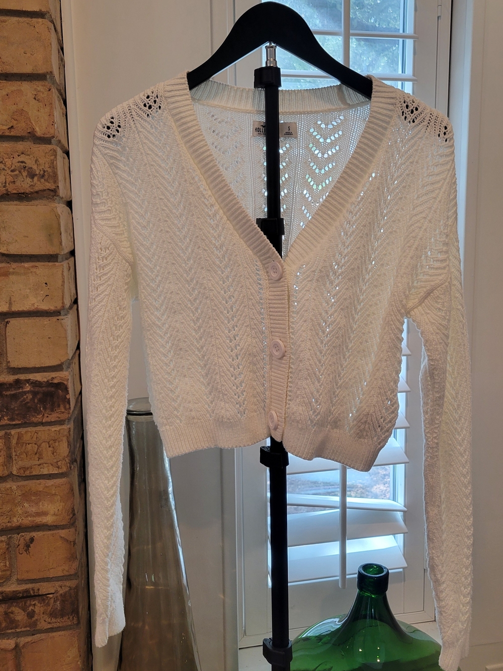 Hollister White Open-Weave V-Neck Button Cardigan